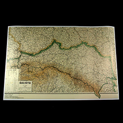 Reprint of an original printed in Lwow in 1908.  Galicia was part of the Austrian-Hungarian Empire in 1908 and encompassed parts of present day Poland and the Ukraine.  This map shows the borders between Prussia, Russia and Austria.