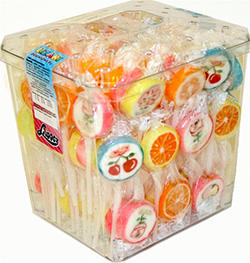 Wonderful assortment of fruit and flower-design fruit flavored lollipops, each individually wrapped, in a plastic display container. Total count: 100 pcs at 8g each.