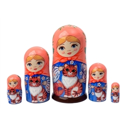 Maiden with Tabby Cat Matrushka Nesting Doll Set of 5