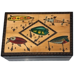 North American Game fish artist Jon Q Wright created this box design featuring numerous authentic antique fishing lures. Brass inlays precisely outline the 6 different lures and all of the hooks. Hand carving and had staining all contribute to the design.