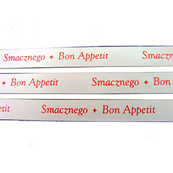 Ribbon: 5/8" Metallic Red on White ' 'Smaznego - Bon Appetit'