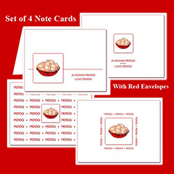 Delightful set of four note card, showing a bowl of Polish Pierogi on a white background.  Blank inside so you may customize your message.  Use this for any occasion.  Includes four red envelopes.  Premium archival card stock, Made in USA