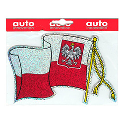 This left-waving flag is a glittery metallic sticker which reflects light nicely.