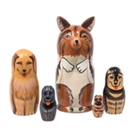 Here's a pack of dogs for canine lovers everywhere. A colorful collie with 3-D ears and muzzle opens up to canines of all colors: a golden Labrador retriever, husky, blue healer, and pug. This variety of breeds makes an excellent dog nesting doll.