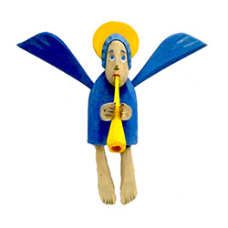 Small blue folk angel with trumpet, hand-carved and painted by carver Maciej Manowiecki.  The artist is known for his unique, whimsical style.  His work can be characterized by the use of unconfined form, vibrant color, and lightness of style which brings