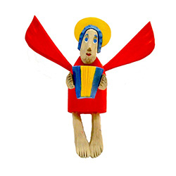 Small red folk angel with accordion, hand-carved and painted by carver Maciej Manowiecki. The artist is known for his unique, whimsical style. His work can be characterized by the use of unconfined form, vibrant color, and lightness of style which brings