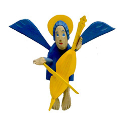 Small blue folk angel with cello, hand-carved and painted by carver Maciej Manowiecki.  The artist is known for his unique, whimsical style.  His work can be characterized by the use of unconfined form, vibrant color, and lightness of style which brings e
