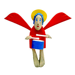 Small red folk angel drummer, carved and painted by folk artist Maciej Manowiecki. The artist is known for his unique, whimsical style. His work can be characterized by the use of unconfined form, vibrant color, and lightness of style which brings each