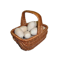 Unpainted wooden Easter eggs made from Linden wood.  Ready for your personal decoration, these eggs are solid and sturdy and will last for generations.  Price is for single egg, basket not included!
