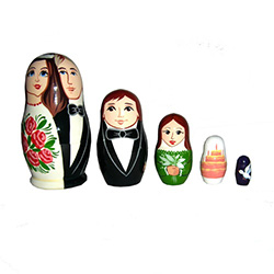 Getting married? This doll features you, your fiance, a best man and maid of honor, a wedding cake, and ends finally in a white dove of peace, hope and love. Use our lovely Wedding Favor Nesting Doll as part of your celebration.