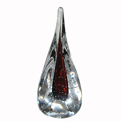 Three-sided art glass paperweight, with a dark amber interior core, surrounded by miniature bubbles, in a classic teardrop shape.  Each piece is hand blown and hand finished in Poland.  Made with the highest quality craftsmanship and hand-signed by the ar