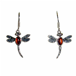 Silver Dragonfly with Honey Amber Earrings