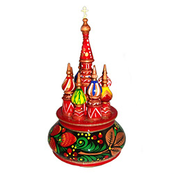 This beautiful music box made in the shape of Saint Basil's Cathedral is constructed of seasoned Linden wood. Winding the cathedral clockwise plays the popular Russian melody, "Midnights In Moscow".