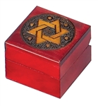 Square hand-painted box with a cross on the lid.