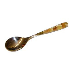 Very elegant stainless steel demitasse spoon with the handle decorated with bands of cream and cognac colored amber. Amber craftsmanship is from Lithuania and the stainless steel spoon is from Brazil. No two are alike.