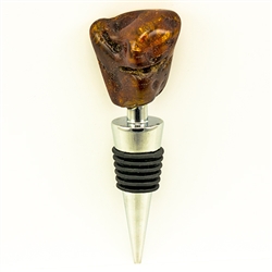 Modern design chrome-plated wine stopper with a large chunk of highly-polished cognac amber at the top. Soft-rubber segmented gasket ensures a tight seal in the neck of the bottle.