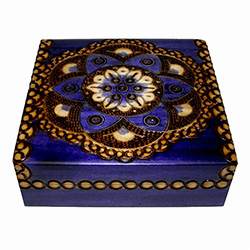 Blue finish box with round floral pattern accented by metal inlays and metallic paint.