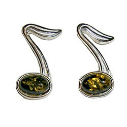 An adorable pair of musical note earrings, with green amber set in sterling silver.