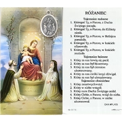 Mysteries of the Rosary - Polish - Rozaniec - Holy Card Plastic Coated. Picture is on the front, Polish text is on the back of the card.