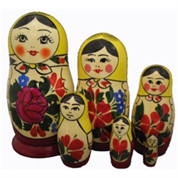 This cute 6 piece nesting doll is from the village of Semyonov, and is featured in the popular children's book, The Littlest Matryoshka. Each of the pieces are brightly painted and cheerfully drawn. She stands almost 5" tall.