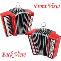 Are you missing an accordion in your orchestra of musical theme ornaments? Artfully crafted from glass in Poland for an unbelievably real appearance, this 2" tall accordion ornament with glistening silver accents