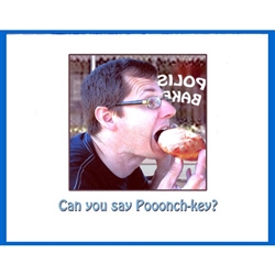 Paczki Note Card - Can you say Pooonch-key?  Hard to pronounce, easy to eat - Polish Paczki!  Blank inside so you may customize your message.  Use this for any occasion.  Please Note: Card edge is white and it includes a blue envelope.