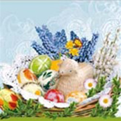Celebrate the Easter season with these beautiful napkins. These original designs will make any table festive with their beautiful eggs, lilies, Paschal Lamb and resurrection flag.  Three ply napkins with water based paints used in the printing process