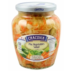 This perfect Polish side dish is a mxture of cabbage, carrots, cucumbers in brine, onions, salt, vinegar, sugar and spices.  A really tasty salad just like they serve in Poland.  Serve chilled.