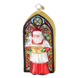 Santa stands in front of this beautiful stained glass window replica.  Both front and back are painted as stained glass.  Initialed on the bottom with CR.