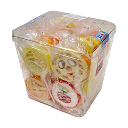 Wonderful assortment of fruit flavored lollipops, each individually wrapped, in a plastic display container. Total count: 50 pieces at 65g each.