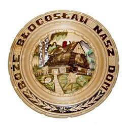 The translation of "Boze Blogoslaw Nasz Dom" is "God Bless Our Home"  
This beautiful plate is made of seasoned Linden wood, from the Tatra Mountain region of Poland.