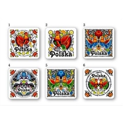 Set of 6 colorful coasters featuring traditional Polish paper cut folk designs(wycinanki) and the word Polska (Poland).  Cork backed.  A great gift!