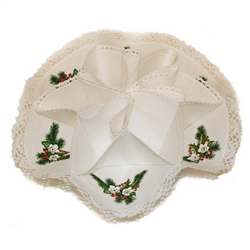 A perfect way to serve your Holiday biscuits.  This holder is 100% cotton with a Christmas holly and flower design in each section.  Folds flat for easy storage.  Snaps together to form the biscuit holders.