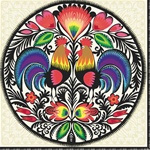 Polish Folk Art Dinner Napkins (package of 20) - 'Morning Sunrise'.  Three ply napkins with water based paints used in the printing process.  The pattern appears on all 4 quarters of this napkin.