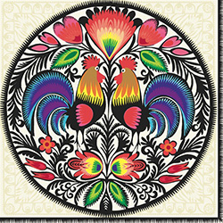 Polish Folk Art Dinner Napkins (package of 20) - 'Morning Sunrise'.  Three ply napkins with water based paints used in the printing process.  The pattern appears on all 4 quarters of this napkin.