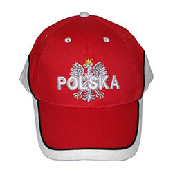 Display the Polish colors of red and white with this handsome looking baseball cap with detailed embroidery work. The front of the cap features an embroidered Polish Eagle made of silver thread with a crown and talons of gold colored thread. On top of the