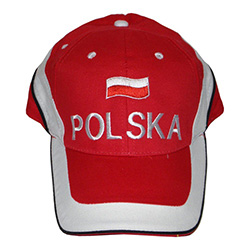 Display the Polish flag colors of red and white with this handsome looking baseball cap. The front of the cap features the Polish flag and the word "Polska" on the front and "Poland" on the back.  Features an adjustable cloth and velcro tab in the back. D