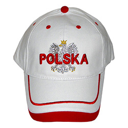 Display the Polish colors of red and white with this handsome looking baseball cap with detailed embroidery work. The front of the cap features an embroidered Polish Eagle made of silver thread with a crown and talons of gold colored thread. On top of the