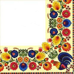 Dinner Napkins (package of 20) - 'Regal Feast - White'.  Three ply napkins with water based paints used in the printing process.  A white center with a full color traditional Lowicz Wycinanki (paper cut out) pattern that boarders the whole napkin