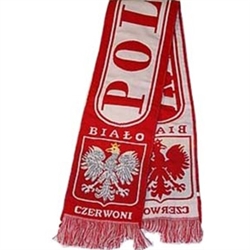 Display your Polish heritage!  Polska scarves are worn in Poland at all major sporting events.  Features Poland's national symbol the crowned white eagle bordered by the phrase "Bialo Czerwoni" - "White and Red".