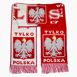 Display your Polish heritage!  Polska scarves are worn in Poland at all major sporting events.  Features Poland's national symbol the crowned white eagle bordered by the phrase "Tylko Polska" - "Only Poland" ,  "Zawsze Wierni" - "Always Faithful" and Bial