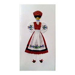 This card is dressed with material and wooden head to give a very special doll-like effect.   Here our Kaszub maiden is dressed in the traditional parade costume.