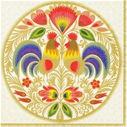 Polish Folk Art Dinner Napkins (package of 20) - 'Golden Sunrise'.  Three ply napkins with water based paints used in the printing process.  The pattern appears on all 4 quarters of this napkin.