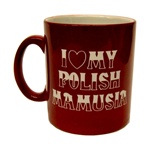 This attractive ceramic mug is decorated in the colors of the Polish flag, red and white.