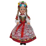 This doll, dressed in a handmade traditional Krakowianka outfit, wonderfully crafted and fun to collect. The detailed costume is hand made in Krakow, vest colors and designs may vary.
Costume description: women's outfit: tibet, red, floral skirt, tulle