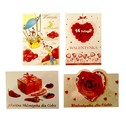 Set of 4 romantic Valentine's Day postcards with Polish text. Surprise your favorite Valentine with a genuine Polish card.