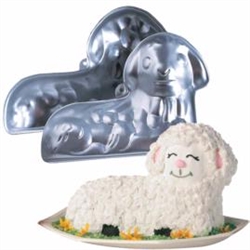 This is 2 piece 10" x 7" deep aluminum baking pan. Complete easy to follow baking and decorating instructions for 3 designs.  Bake a decorate a sensational springtime Easter Lamb for your holiday celebration.