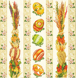 Pisanki and Polish Palms Dinner Napkins (package of 20).   Three ply napkins with water based paints used in the printing process.  The pattern appears on all 4 quarters of this napkin.