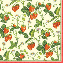 Wild Strawberries Dinner Napkins (package of 20).   Three ply napkins with water based paints used in the printing process.  The pattern appears on all 4 quarters of this napkin.