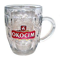 Okocim Brand Beer Mug one of Poland's popular beers.  Okocim Brewery, in Brzesko in southeastern Poland, is one of the oldest and most renowned breweries in the country. This is a 1/2 liter traditional pub style beer mug. Made in Krosno, Poland